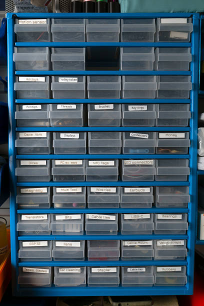 A blue storage unit with many compartments and labels. The compartments are labeled with numbers and words