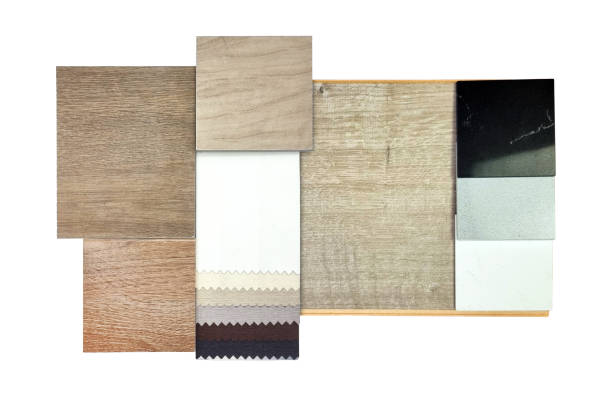 istock top view of interior material samples including wooden ceramic tiles, real wood laminate flooring tile, palette of solid acrylics, drapery fabric catalog. 2206349904