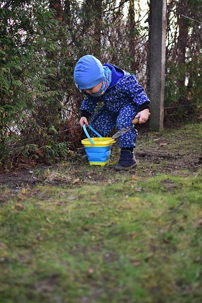 Toddler boy in blue soft shell bodysuit is playing with garden hoe digging ground into bucket in a back yard in spring sunny day.