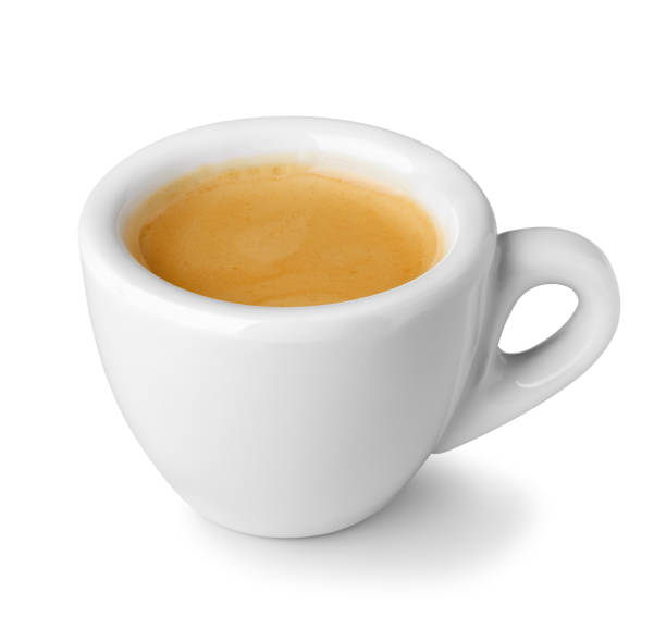 istock Small cup espresso revealing golden crema layer isolated on white background 2206364281