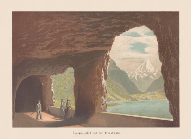 kuvapankkikuvitukset aiheesta historiallinen näkymä axenstrasseen, sveitsi, kromolitografia, julkaistu 1895 - uri