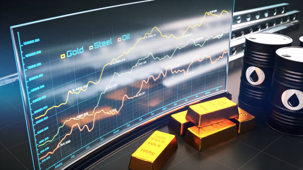 istock Futuristic digital display with forecasting financial data for gold, steel and oil commodities 2206372860