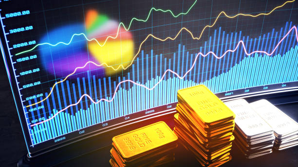 istock Financial display screen with gold and silver bullion 2206373031