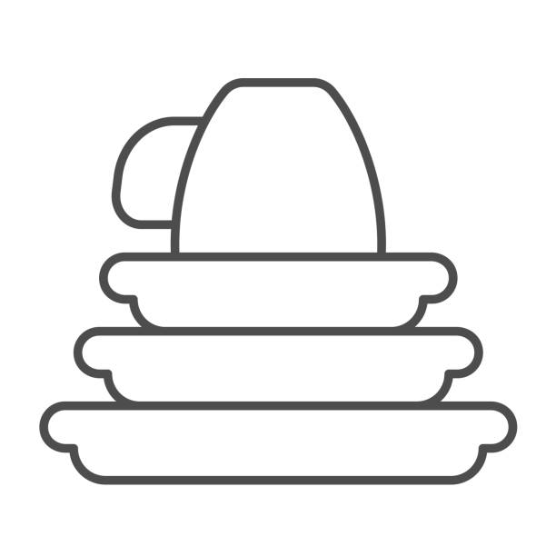 Three ceramic plates and cup thin line icon, culinary cooking concept. Vector graphics. Clean dishes, washing sign on white background, outline style icon for mobile or web design. Three ceramic plates and cup thin line icon, culinary cooking concept. Vector graphics. Clean dishes, washing sign on white background, outline style icon for mobile or web design salad bowl white background stock illustrations