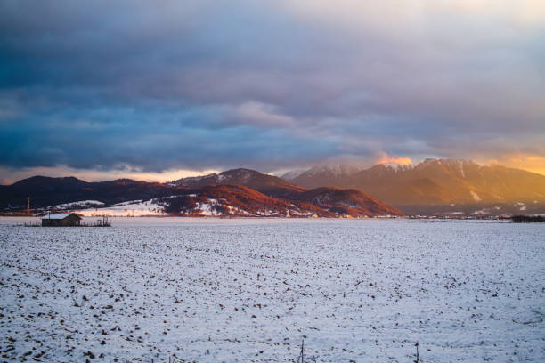 Scenic Snowy Landscape In Romania .