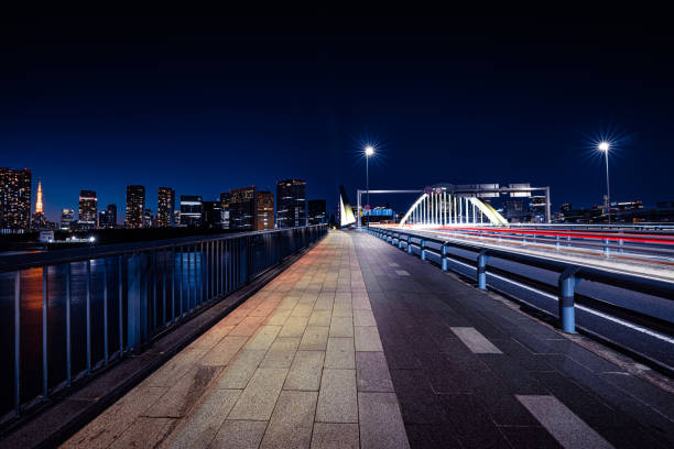 Scenic view of a modern pedestrian bridge with illuminated arch spanning sumida river in tokyo, japan, at twilight