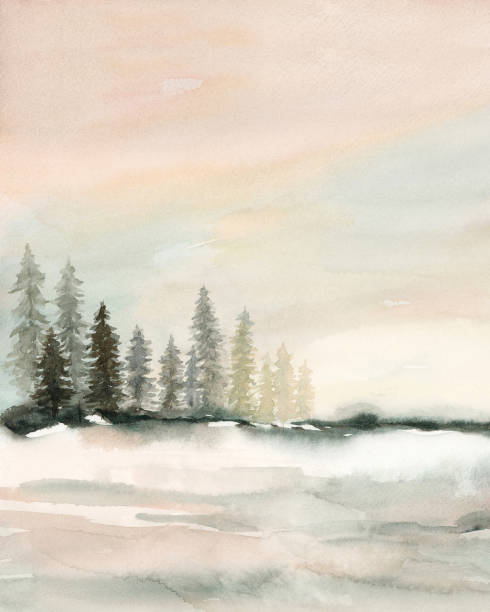 istock Watercolor Winter Fir Green Tree Snow Sunset Landscape. 2206379554