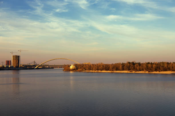 Sunset on the river in the city