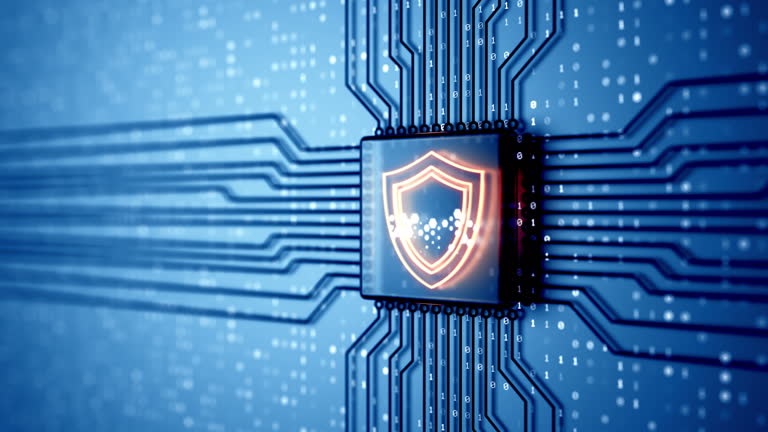 Seamless loop. Electronic quantum computer microchip with shield icon. Big data security and privacy concept. Circuit board.
