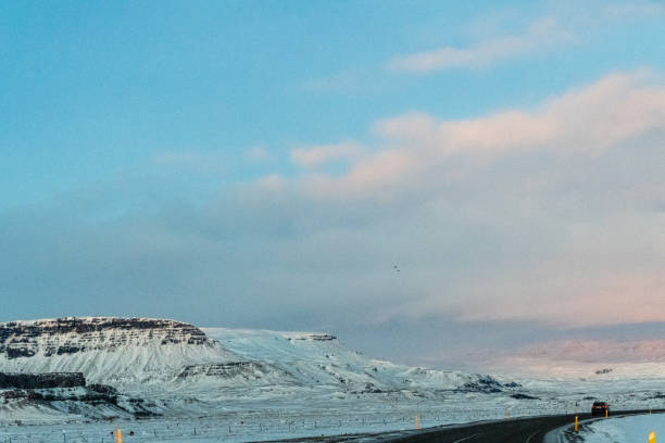 A first person perspective of a snowy and ice ringroad highway 1 in soutern Iceland in winter.