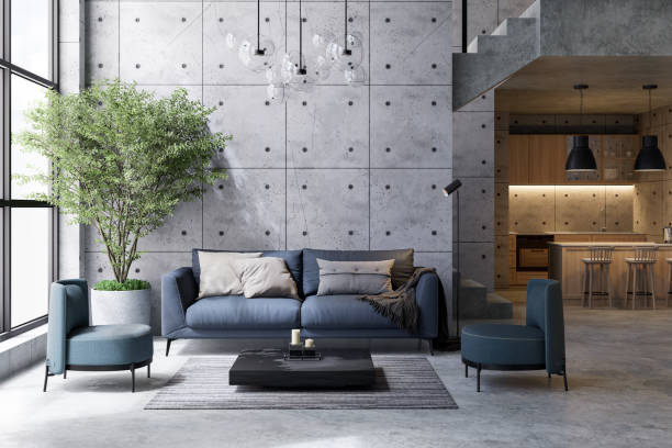 Modern loft style high ceiling living room 3d render