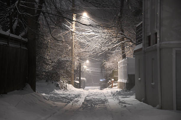 Snow builds under a street light down an alleyway or backstreet. There are tire tracks down the alley.