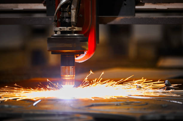 istock Bright flame sparks fly during plasma cutting out of details 2206406089
