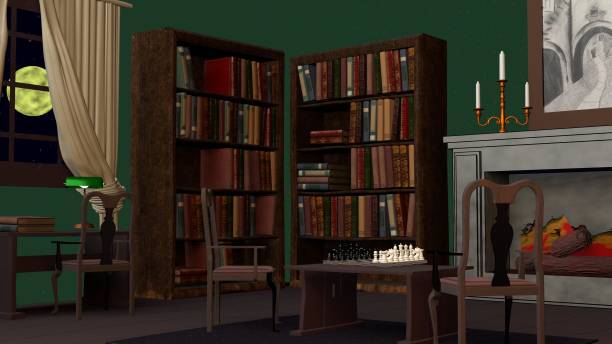 evening cozy living room with chess set and fireplace