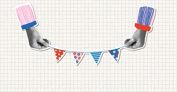 Vector halftone collage hands holding a cute bunting in red, blue and pink with flowers, stripes and dots for birthday party designs and backgrounds