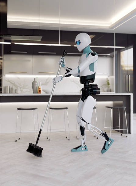 istock Modern Living with Robotics: AI Assistant Cleans Stylish Kitchen Floor 2206426564
