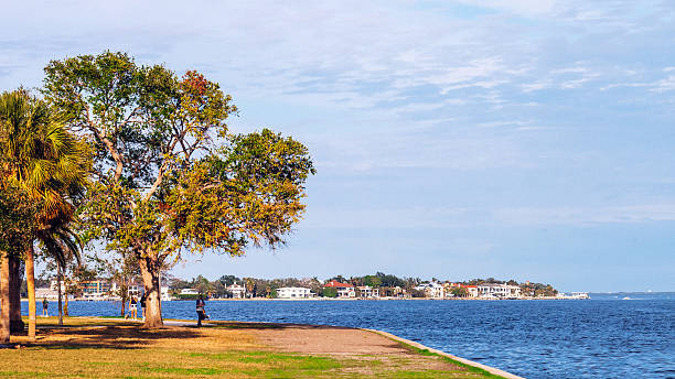 St Petersburg, Florida, USA - People enjoying  downtown park at sunset time