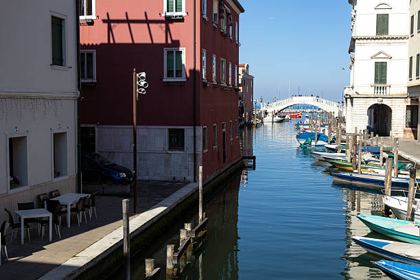 Chioggia, Italy - Mar 3rd, 2025: Surveillance cameras overlooking the canal and lagoon with boats and the Ponte di Vigo (Vigo Bridge)