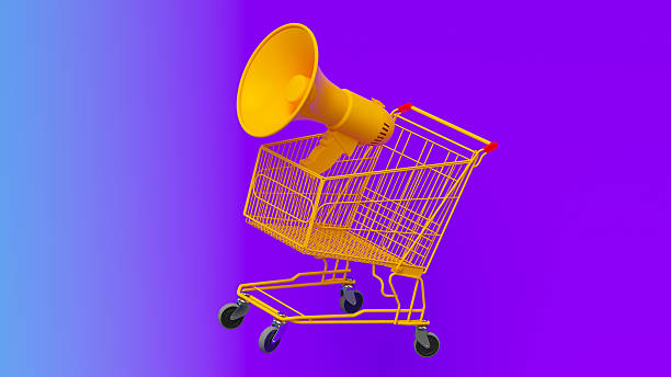 A 3D render symbolizing Retail Marketing and Advertising, featuring a yellow Megaphone inside a Shopping Cart. This Icon represents sales Promotion - Employment, Broadcasting an Announcement Message for E-Commerce or in-store deals. The vibrant purple and blue background highlights the excitement of Online Shopping and special offers, urging the Customer to Add To Cart. Perfect for illustrating sales alerts and modern Commercial Activity.