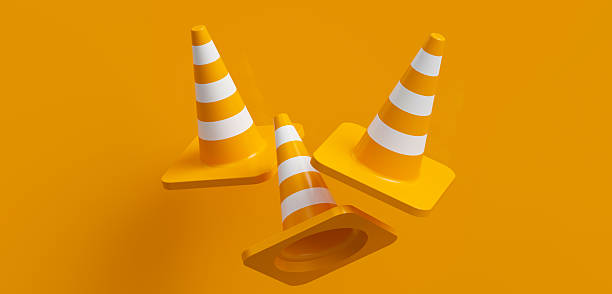 3D render of multiple orange traffic cones with white stripes arranged on a plain orange background. Represents safety warnings, caution, road work, under construction alerts, obstacles, or traffic management symbols. Minimalist design.