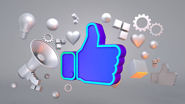 A 3D render highlighting Social Media success, featuring a large, Glowing blue Thumbs Up Icon as the central Symbol of approval. Surrounded by silver Icons like a Megaphone, Heart Shape, and Light Bulb, it represents strong Customer Engagement, positive feedback, and viral Marketing. This image, set against a Gray Background, illustrates the power of a \
