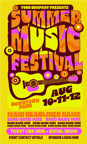 Vector illustration of a Summer Music festival retro hippie style poster typography design template with acoustic guitar, flowers and  bright RGB colors abstract shapes. All fonts outlined and expanded and are for text placement only. High resolution jpg and vector eps in download.