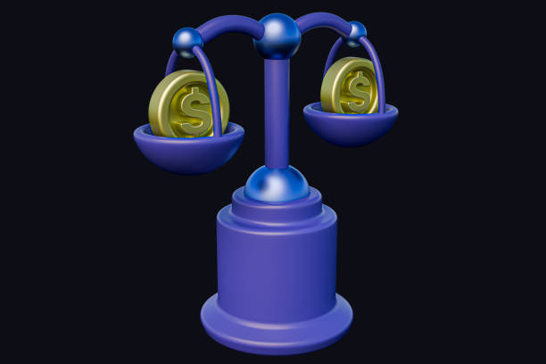 3d rendering, 3d realistic, blue scales with dollar coins and balance 3d rendering