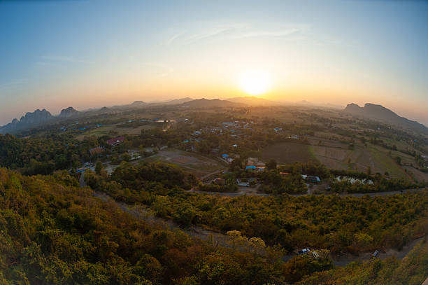istock Sunset view from the Phra Wihan (Wat Nong Hoi) Temple Ratchaburi, Thailand. (Fisheye lens) 2206447930