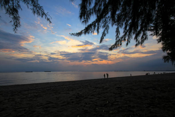 istock Silhouette of people walking on the beach, bright sunset	. 2206456099