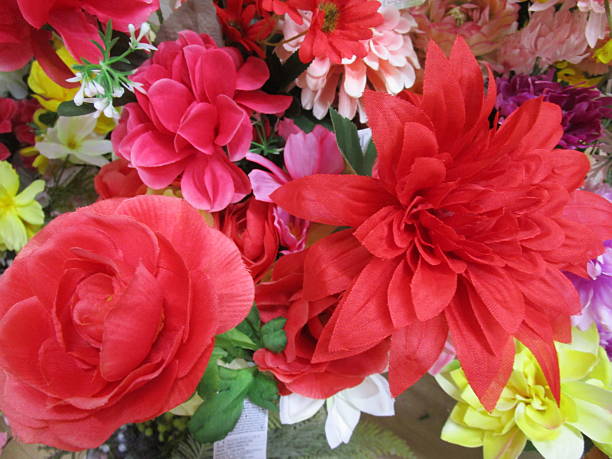 I photographed a bouquet of colorful artificial flowers.