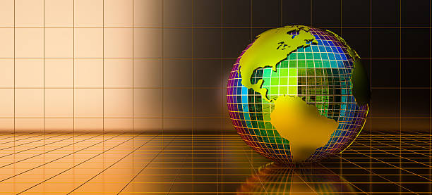 3D render symbolizing global finance and opportunity. A golden wireframe globe reflects on a surface against a yellow/gold grid background, highlighted by a spotlight. Represents world economy, international markets, wealth, investment potential, and business success.