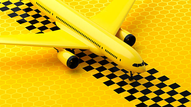 3D render representing air travel and transportation. A yellow airplane is positioned on a runway with a checkered pattern against a honeycomb background. Symbolizes flight, journey, airport operations, and modern aviation concepts.
