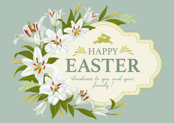 Happy Easter greeting card, banner, postcard template. White lily flowers and greeting text in the vintage frame on light green background. Vector illustration