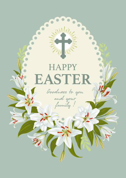 Happy Easter Greeting Card Template Happy Easter greeting card, banner, postcard template. White lily flowers, christian cross and greeting text in the egg shaped vintage frame on light green background. Vector illustration pics of a cross easter lilies stock illustrations