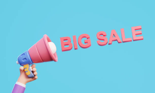 istock 3D hand holding megaphone and BIG SALE text on BLUE background 2206464074