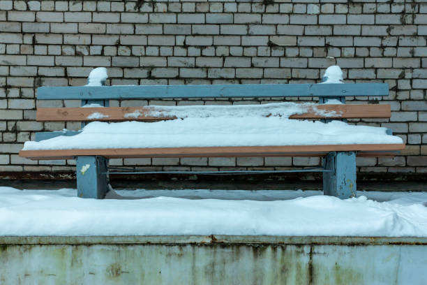 Empty bench covered in snow by brick wall, winter solitude and urban tranquility concept