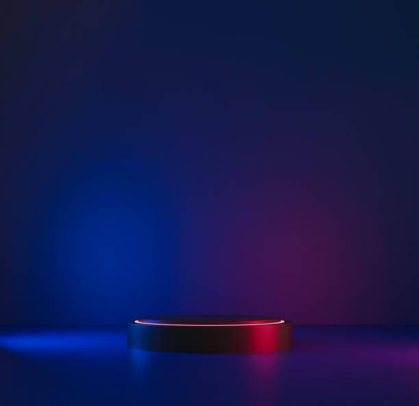 Futuristic LED Podium with Blue and Red Neon Lights. 3D illustration