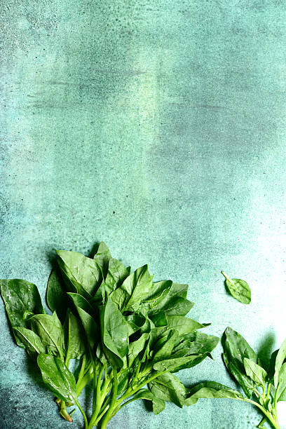 istock Fresh organic spinach leaves on a green background. Top view with copy space. 2206478767