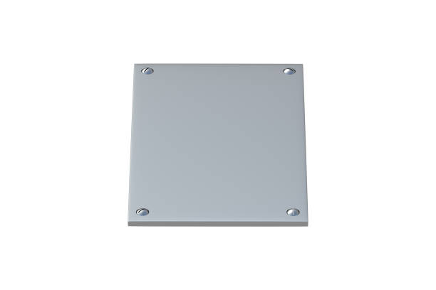 istock Single metal plate isolated on white background. Iron plaque. 3d render 2206479185