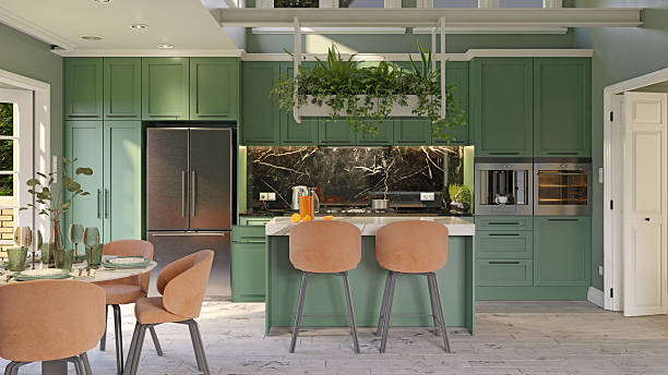 istock dining space with chairs, green island, and kitchen area 2206484739