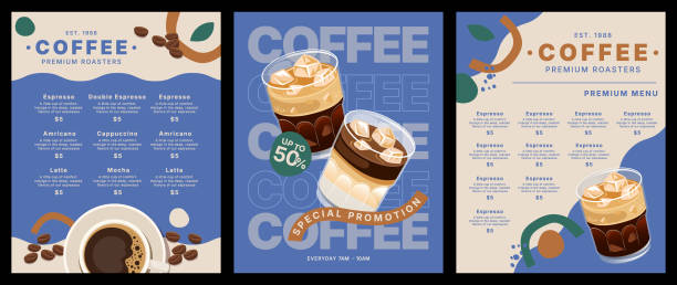 coffeeshop- und café-menü-mockup-vorlagendesign, vektorillustration des kaffee-flat-stils, essens- und getränkekonzept, poster und werbung, kaffeetasse von espresso, americano, mokka, latte und flat white - speisekarte stock-grafiken, -clipart, -cartoons und -symbole