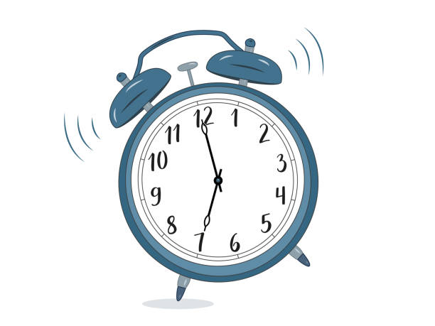 The clock face shows 7:00 AM, with motion lines indicating the ringing effect. Simple design on a white background. Jingling, buzzing, alarming, chiming.