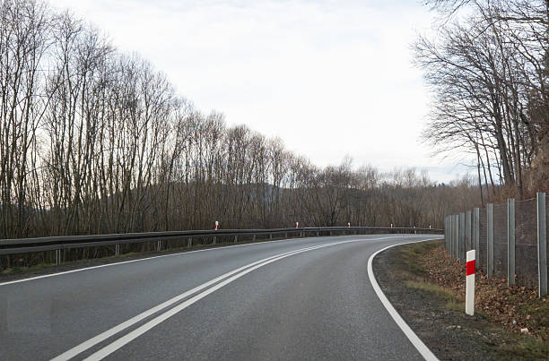 A curving mountain road at night. The road takes up almost the entire width of the bottom of the image. It curves to the right and back to the left before disappearing from sight.  Grass and trees on the both sides of a road.  All done in CGI.