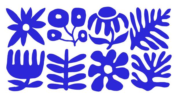 ilustraciones, imágenes clip art, dibujos animados e iconos de stock de conjunto vectorial de flores y plantas abstractas en color azul en estilo moderno. - cuadrado composición