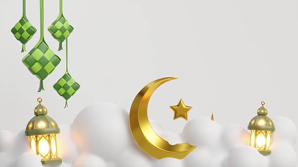istock Islamic Festive Background with Crescent Moon, Lanterns, and Ketupat 2206495904