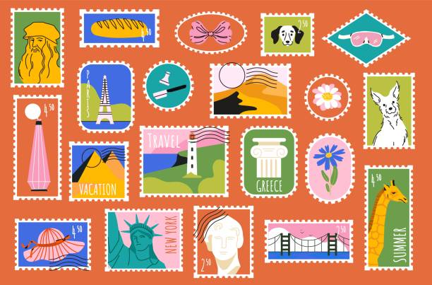 Travel sticker stamp. Vintage postcard label, retro postal stamps with country landmarks, cute post mail stickers with famous architecture for travel tour design. Vector collection.