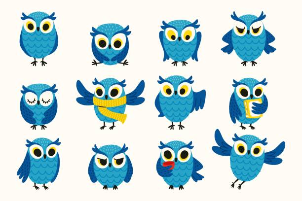 istock Cute owl character. Cartoon simple funny night bird with various emotions, comic childish owl mascot flat style. Vector birds isolated set 2206496714