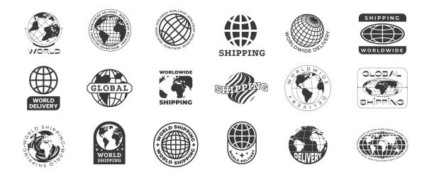 Worldwide shipping logo. World global delivery service badge with abstract planet map, international mail shipment icon flat linear style. Vector globe shipping icon set.