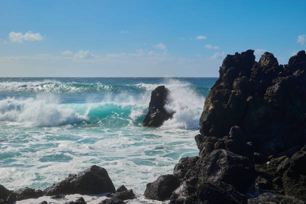 Montana Bermeja beach on Atlantic Ocean with volcanic relief, big sharp rocks, big waves in Yaiza, Lanzarote , Spain