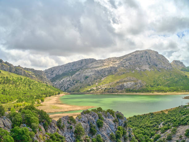 A picturesque scene of a green lake surrounded by lush vegetation, rugged mountains, and a cloudy sky in Majorca, Spain. This stunning landscape exudes natural beauty and tranquility, ideal for nature lovers.